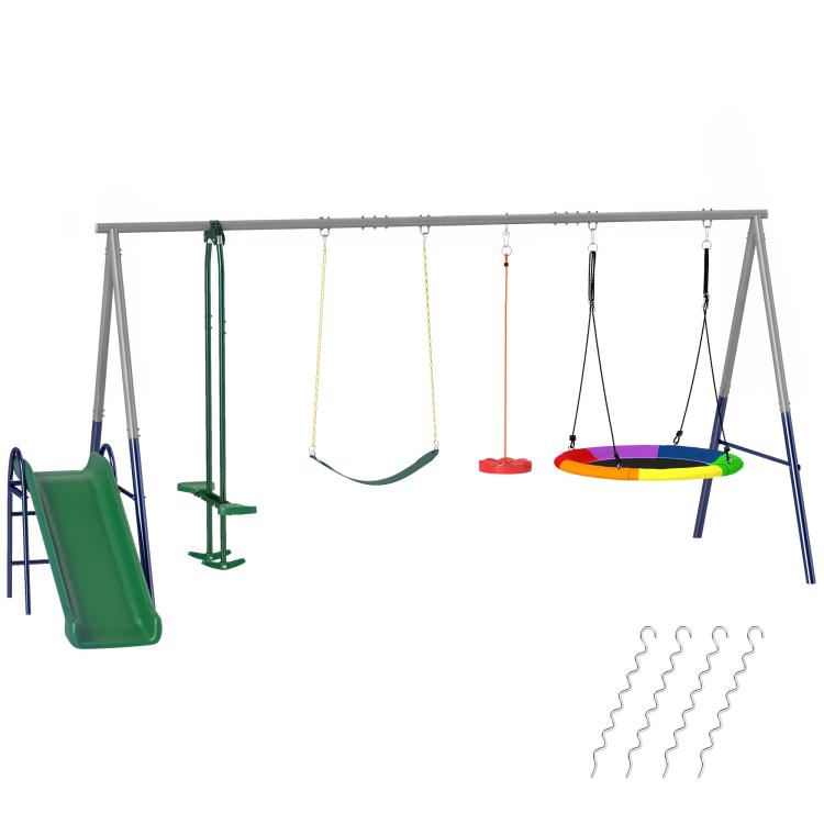 Kids swing set with slide-style frame, multiple swings, and colorful glider