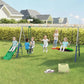 Outdoor kids swing set with green slide and several hanging swing attachments