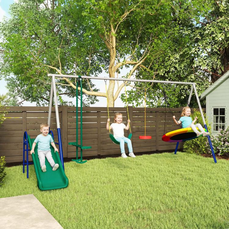 Kids swing set with green and blue seats and a colorful glider seat