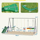 Kids swing set size diagram showing frame, slide, and hanging swing seats