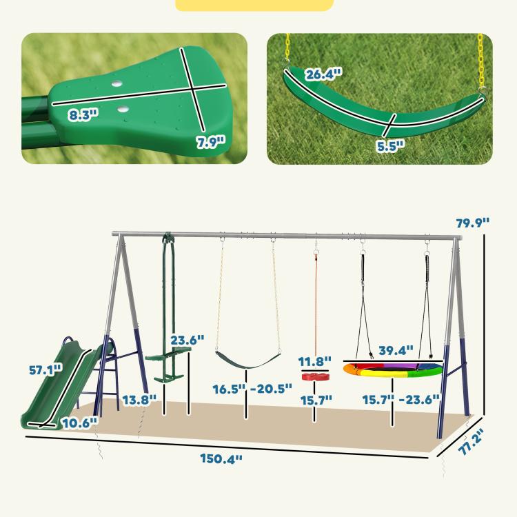 Kids swing set size diagram showing frame, slide, and hanging swing seats