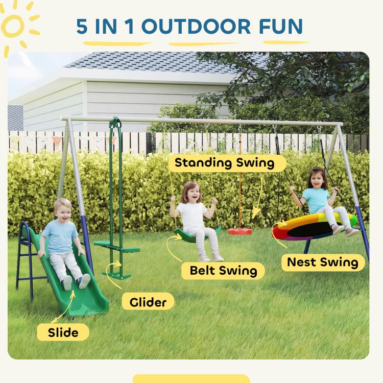 Five-in-one kids swing set with slide, standing swing, belt swing, and nest swing