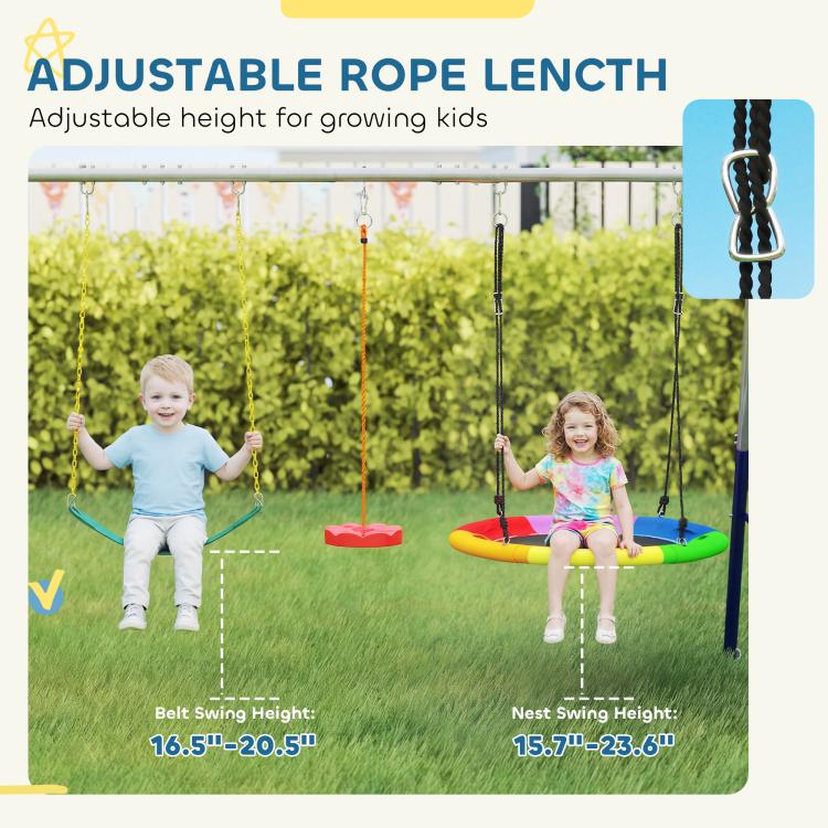 Adjustable rope swing set with belt and nest swing height shown