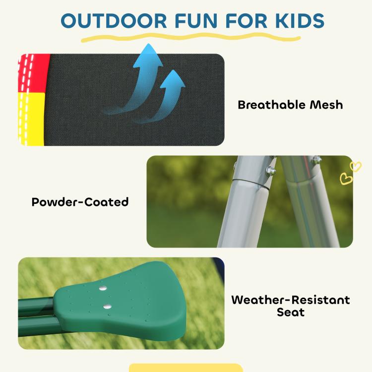 Swing set seat and frame details: breathable mesh cover and weather-resistant seat