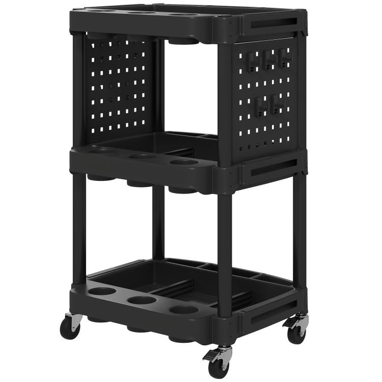 Black 3-tier rolling tool cart with perforated side panels and three shelf levels