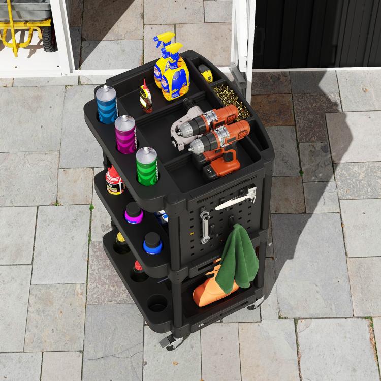 Black 3-tier rolling tool cart with side shelves for tools