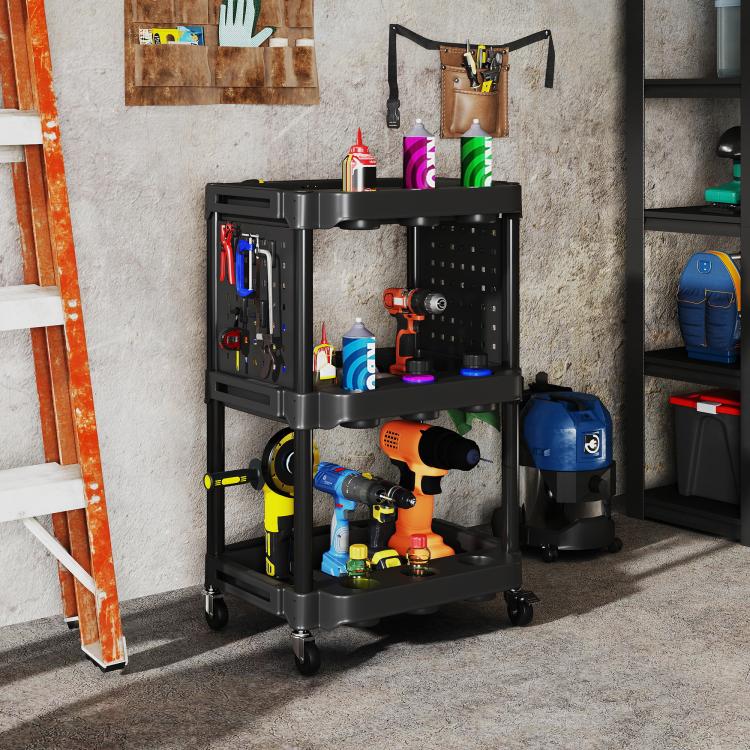 Black rolling tool cart with three open shelves and tool storage on side pegboards