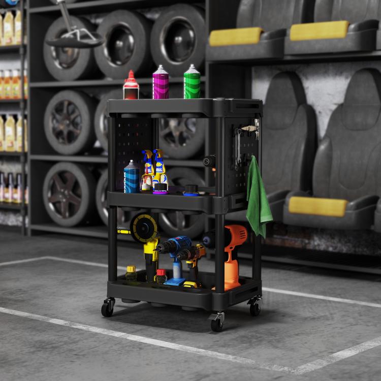 Black 3-tier rolling tool cart showing front shelves and perforated side panel storage