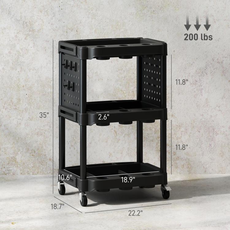 Black 3-tier rolling tool cart with open shelves and caster wheels for workshop use