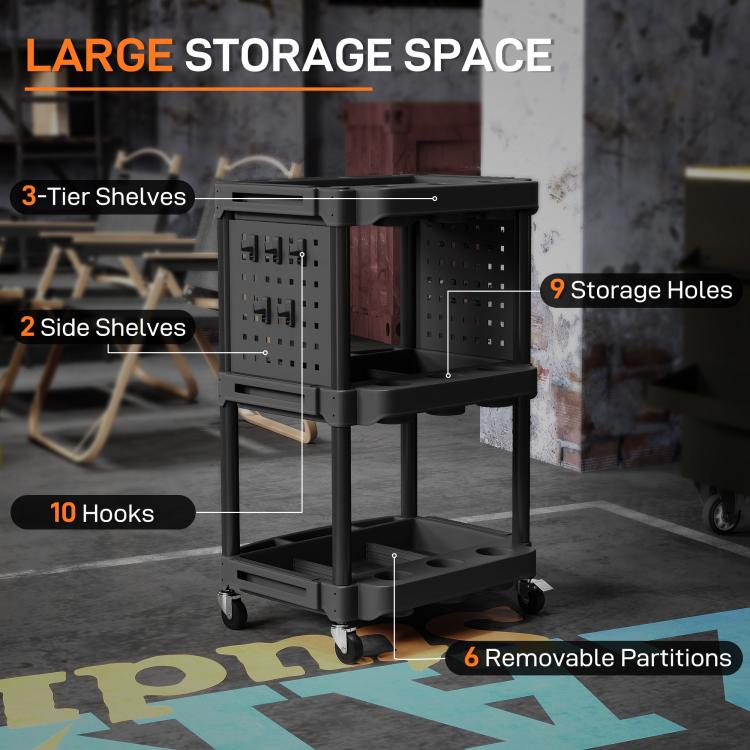 Black 3-tier rolling utility cart with side shelves, storage holes, and removable partitions