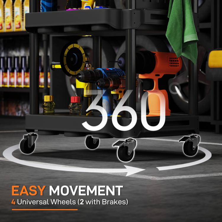 Black rolling tool cart with locked universal wheels and three stacked storage shelves