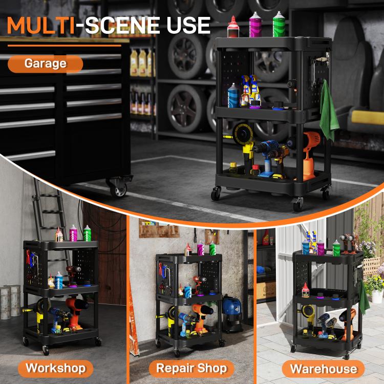 Black 3-tier rolling tool cart with side storage panels and open shelving for tools