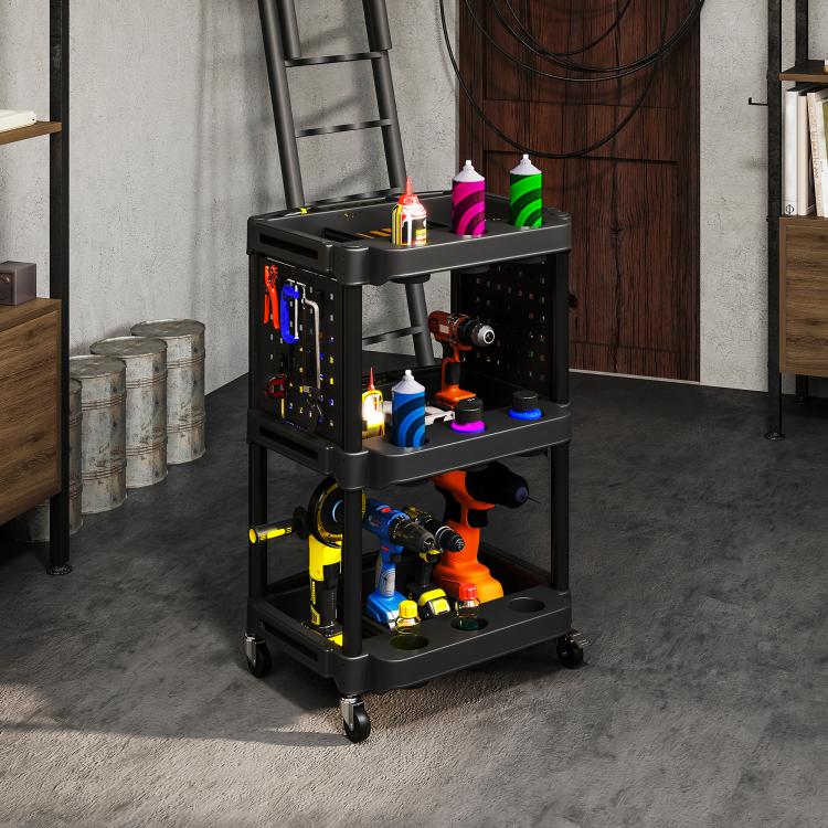 Black 3-tier rolling tool cart with perforated sides and three open shelves on casters
