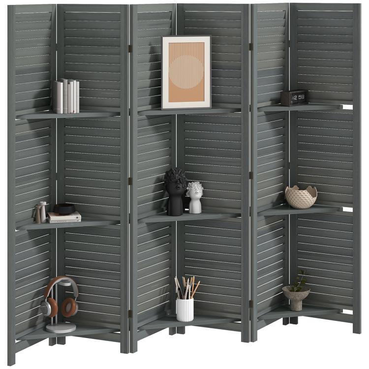 Gray folding wood room divider with shelves and concealed storage, 6-panel design