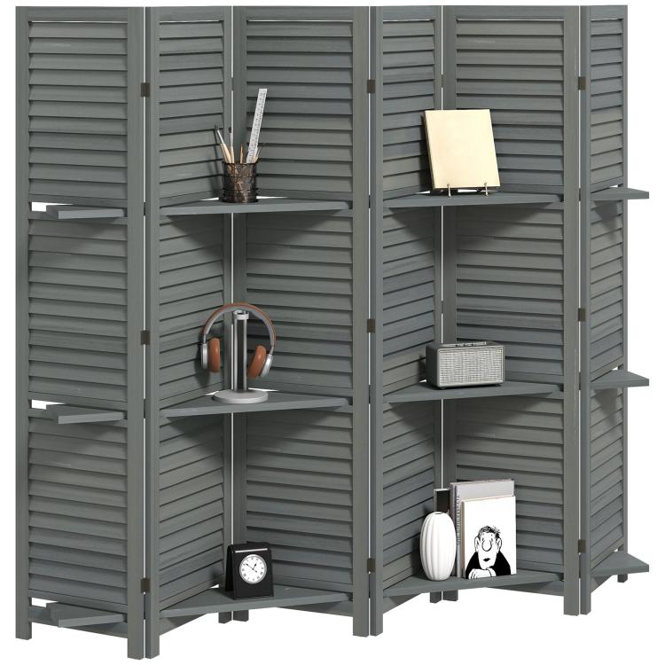 Gray 6-panel privacy screen divider with three-tier shelves and folding storage