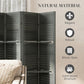 Gray slatted wood room divider close-up with sturdy folding panels and shelves