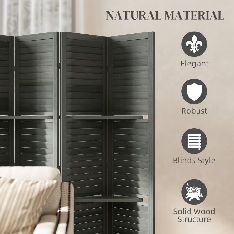 Gray slatted wood room divider close-up with sturdy folding panels and shelves