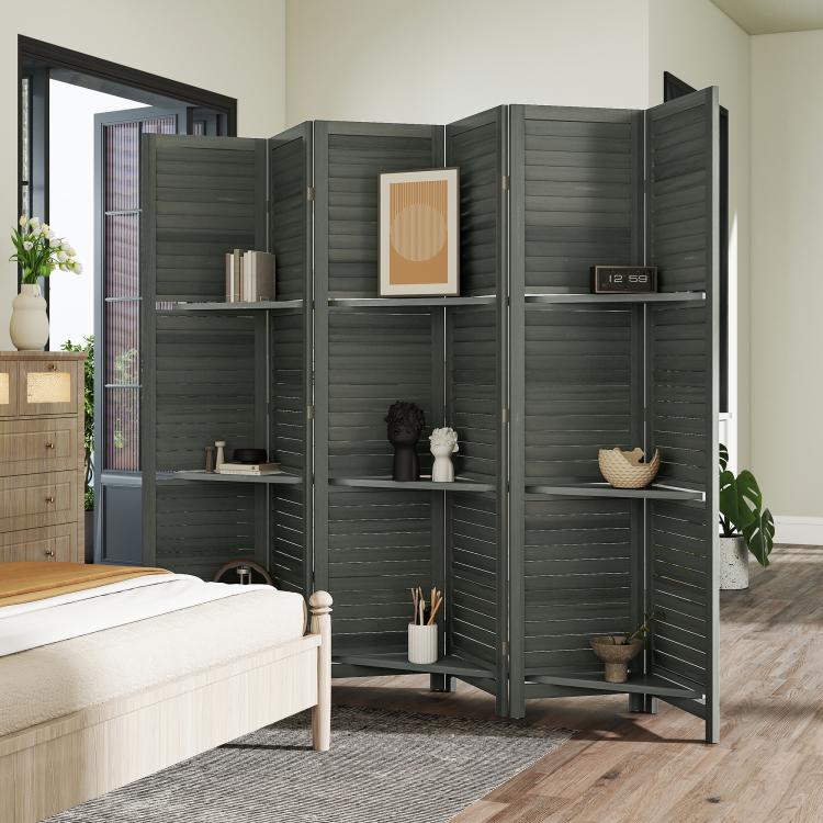 Gray 6-panel privacy screen divider with open shelves and storage compartments