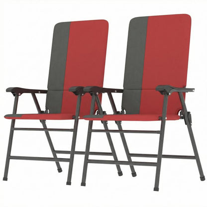 Set of 2 folding patio chairs with padded high back, red fabric and gray frame