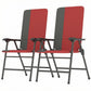 Pair of folding lawn chairs, padded high backs with armrests, red seat fabric
