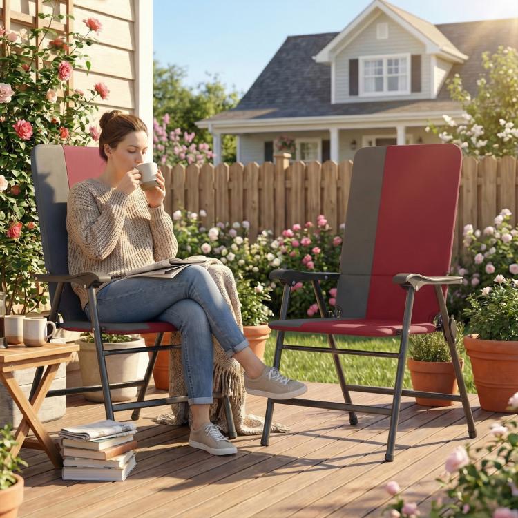 Red padded high-back folding patio chair with armrests and gray metal frame