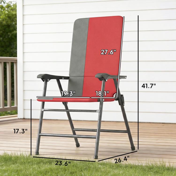 Red padded folding patio chair with armrests and gray frame, high back design