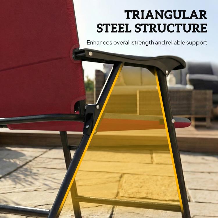 Triangular steel support brace on a red padded high-back patio chair