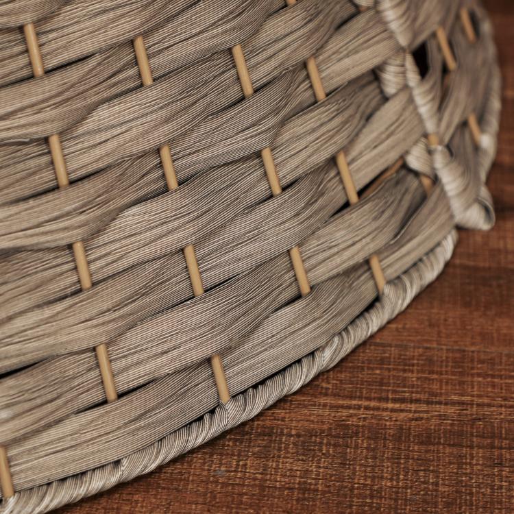 Rustic woven tree collar, coffee-brown plastic wicker weave with stitched edge