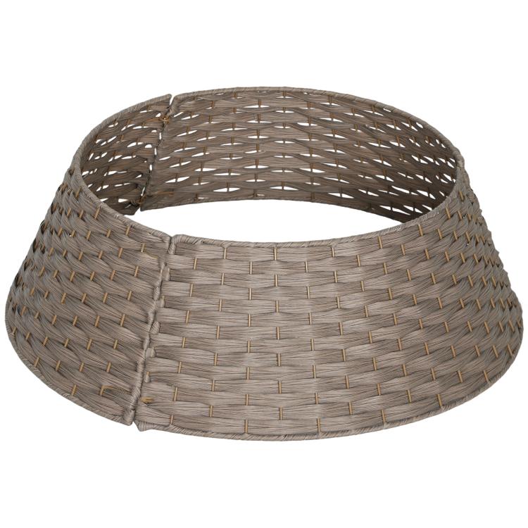 Rustic woven Christmas tree collar, coffee-brown plastic basket weave with circular rim