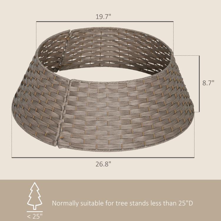 Taupe/coffee woven tree collar skirt with size dimensions shown in graphic