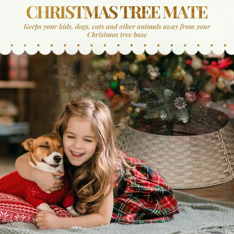 Woven Christmas tree collar skirt in taupe/coffee, beneath decorated tree
