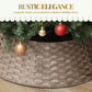 Woven tree skirt collar in taupe/coffee with rounded rim and gold-accent ornaments