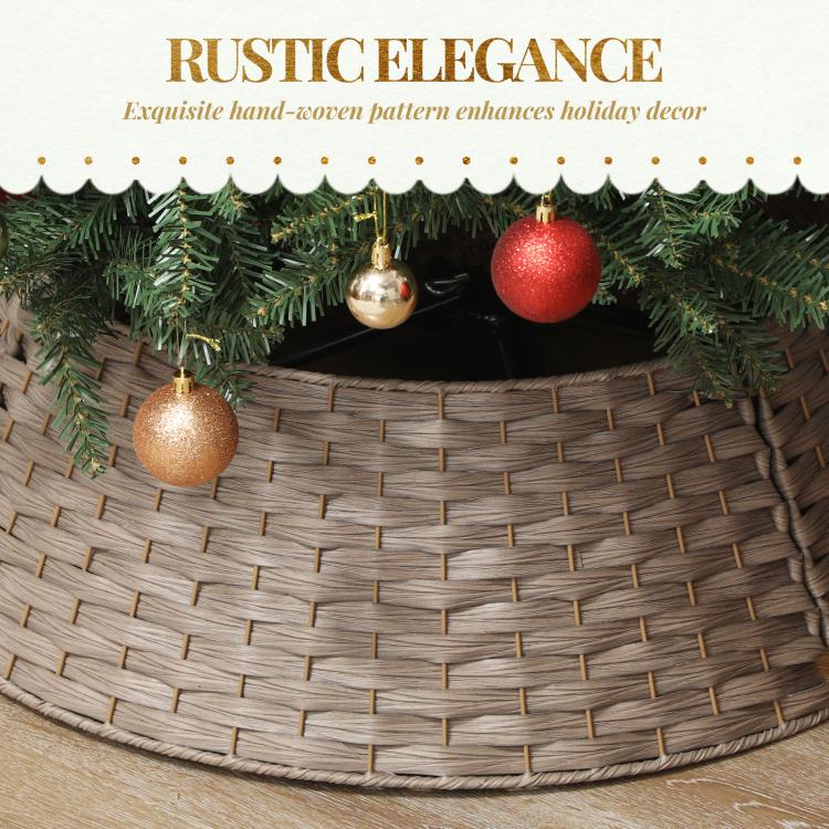 Woven tree skirt collar in taupe/coffee with rounded rim and gold-accent ornaments