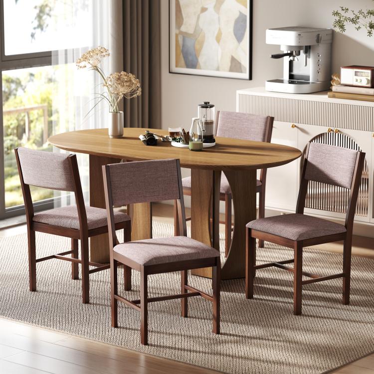 Set of dining chairs with taupe fabric seats and brown wood frames, armless, squared legs