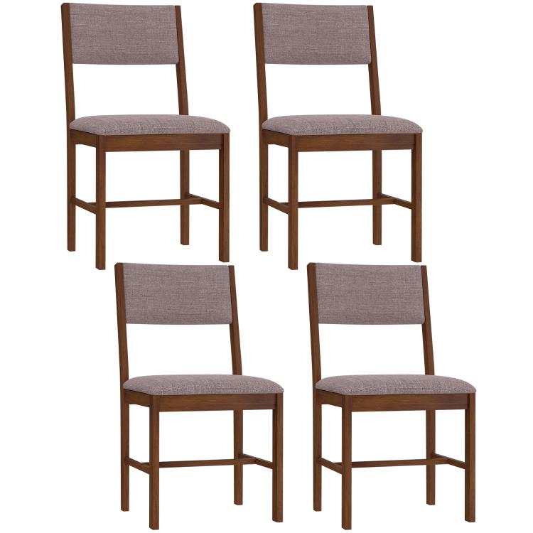 Four dining chairs with gray linen upholstery and brown wooden legs, straight backs