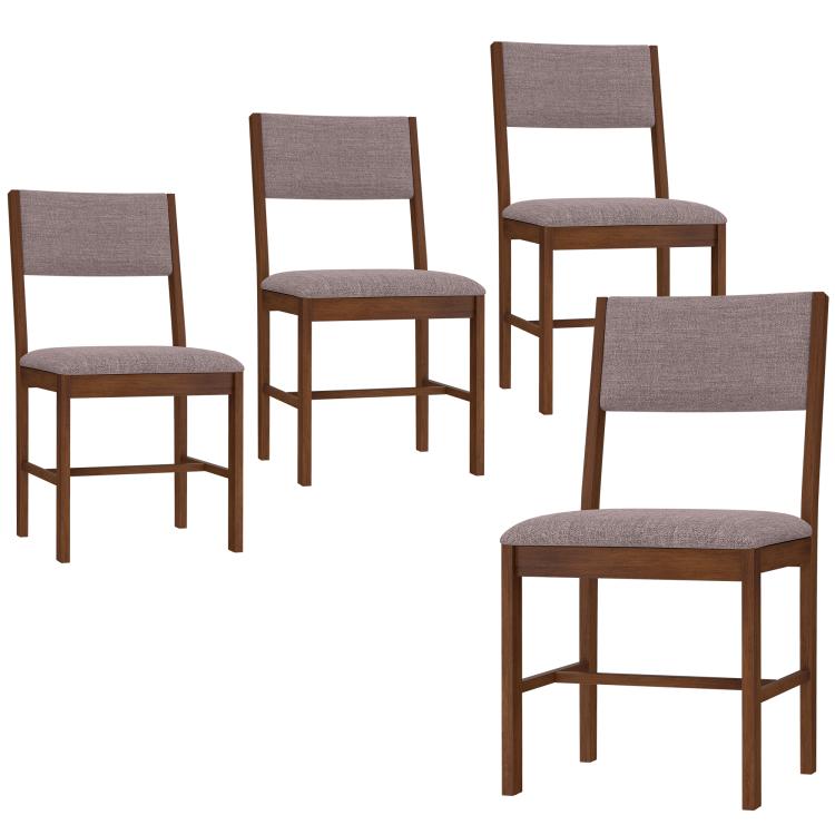 Set of dining chairs with taupe fabric seats and brown wood frames, four-piece view