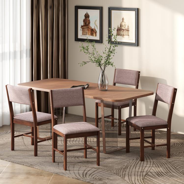 Dining chair set with taupe upholstered seats and brown wood frames, armless