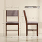 Dining chair with taupe upholstered seat and brown wood frame, front and side view