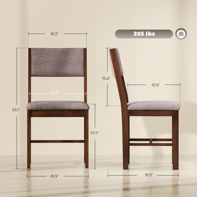 Dining chair with taupe upholstered seat and brown wood frame, front and side view