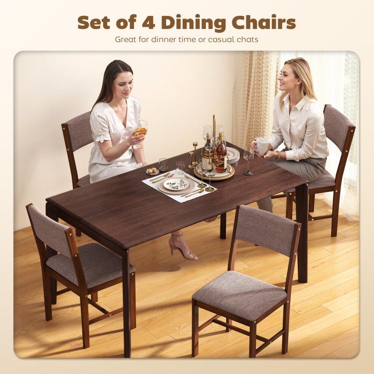 Dining chair set with taupe upholstered seats and brown wood legs, armless chairs