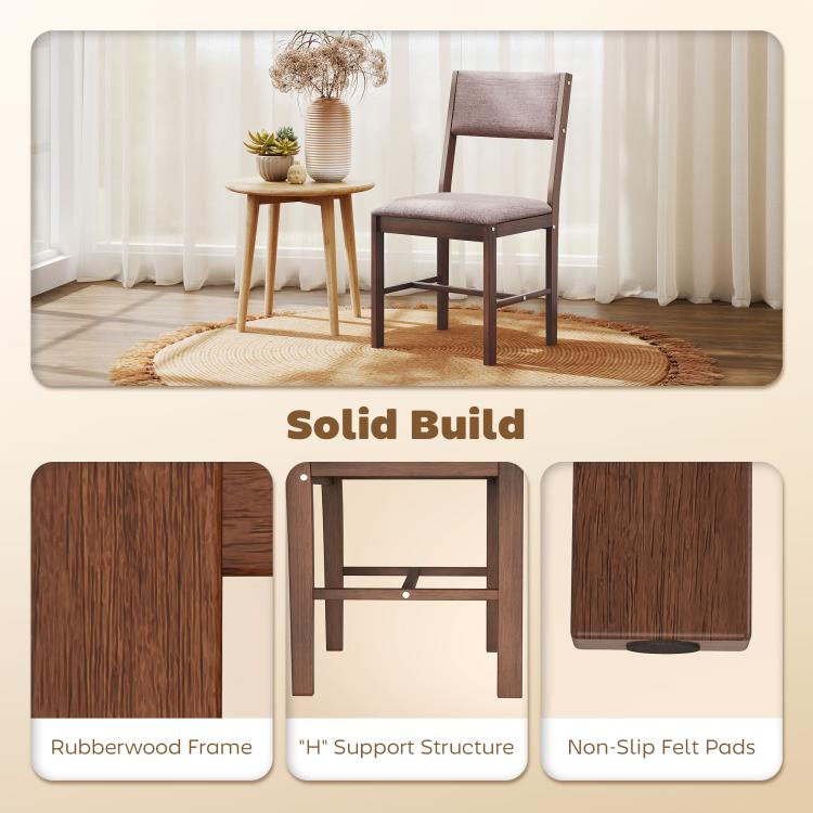 Armless dining chair with taupe linen seat and brown rubberwood frame, cushioned back