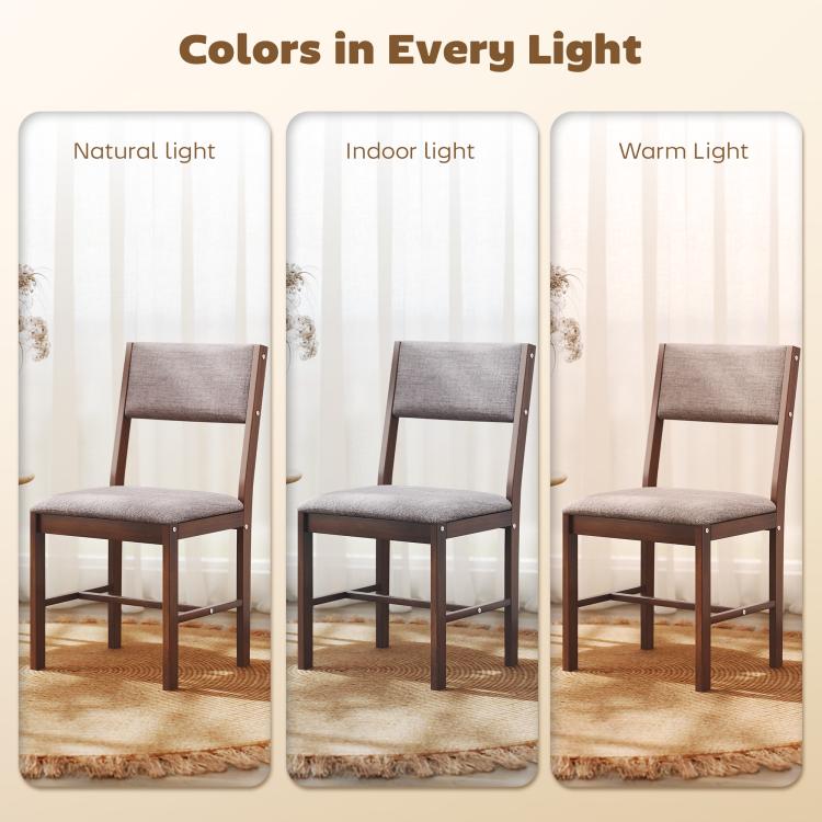 Dining chair with taupe fabric seat and brown wood frame, shown in three lighting shades