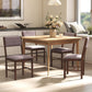 Dining chair set with taupe upholstered seats and brown wood frames around a wooden table