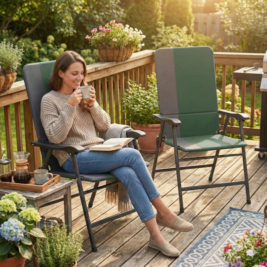 Dark green folding high-back chair with armrests, padded seat and back on patio