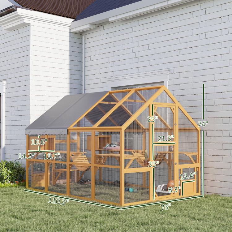Spacious wooden cat enclosure with gray canopy, wire mesh walls, and elevated platforms