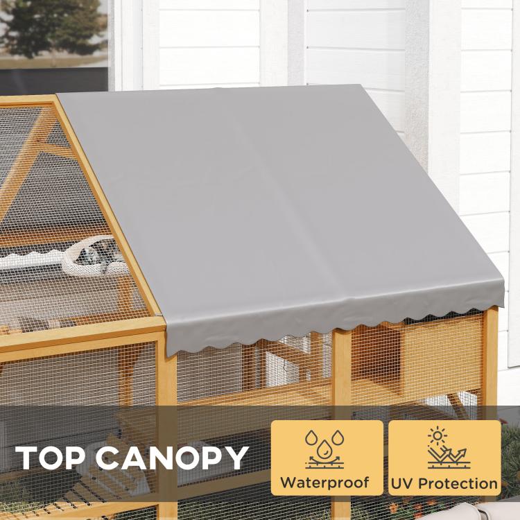 Wooden cat enclosure top canopy with gray fabric cover over wire mesh sides