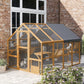 Outdoor wooden cat enclosure with gray canopy, wire mesh panels, and multiple levels