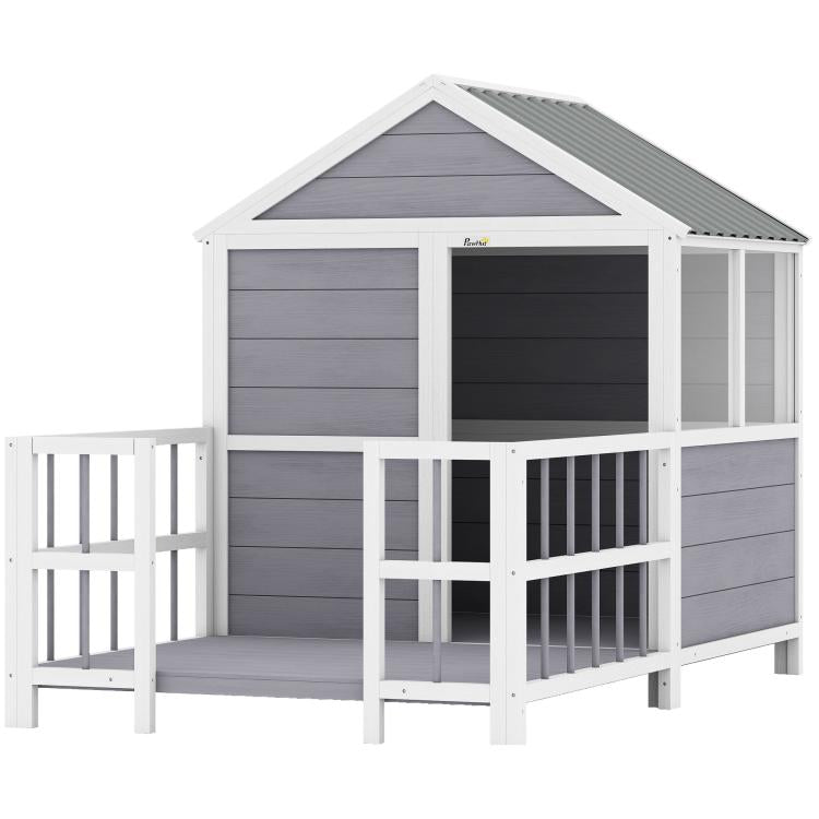 Gray and white elevated dog house with porch deck and vented front panels.
