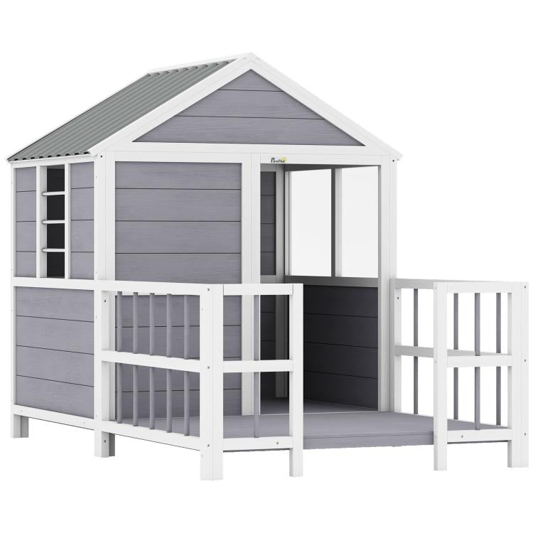 White wooden dog house with gray roof, porch, raised base and side windows