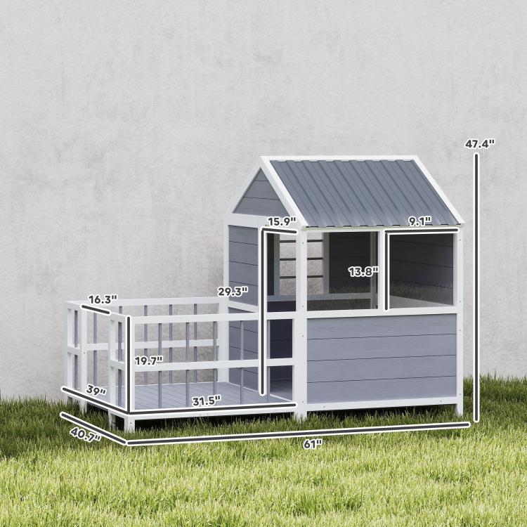 Gray wooden dog house with raised platform, porch steps, and weatherproof roof.